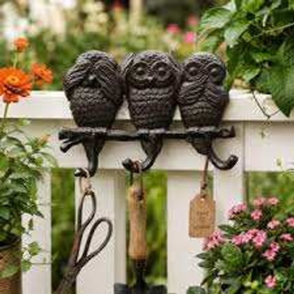 Cast Iron 3 Owls Wall Hooks Rustic Cottage Key Holder See Speak Hear No Evil